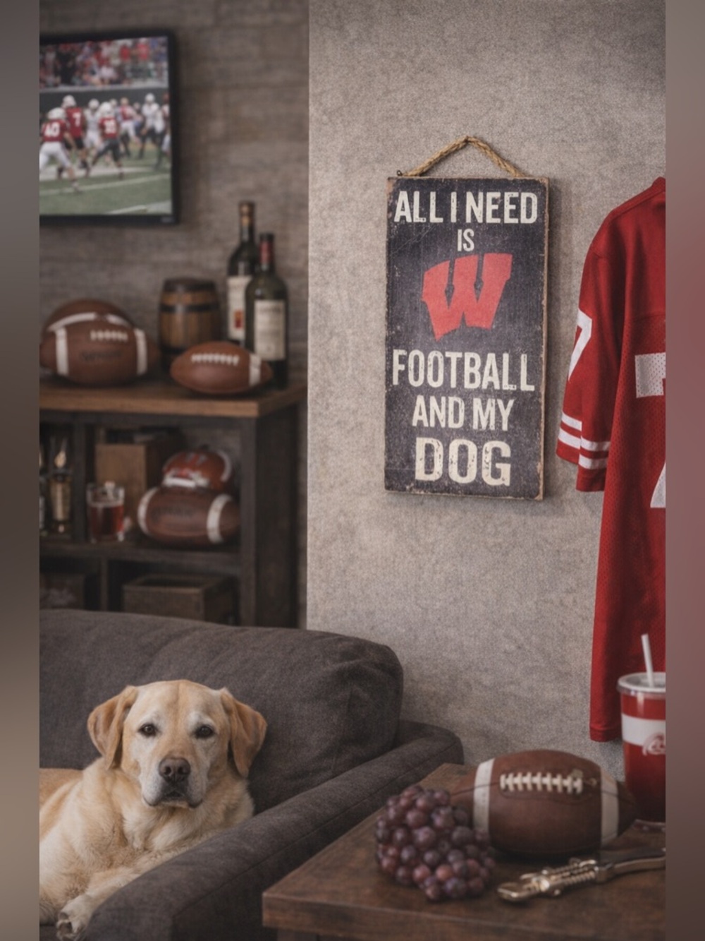 wisconsin Football and Dog Wall decor Sign with rope